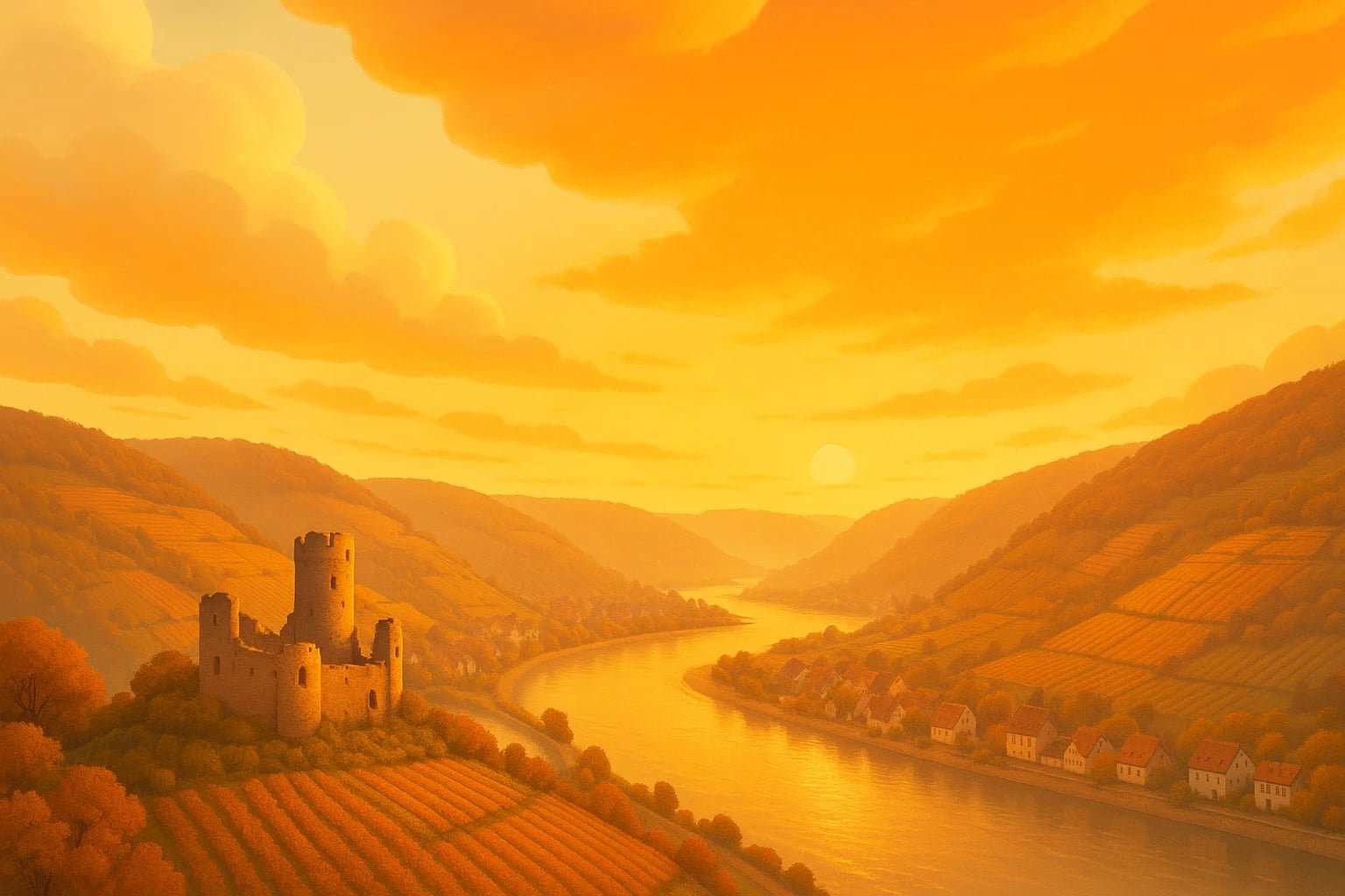 Rhine Valley in autumn - scenic German river landscape with vineyards